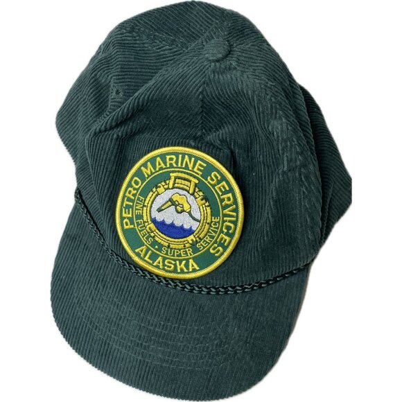 Vintage Petro Marine Services Alaska Corduroy Ball Snap Back Cap Hat Green - Picture 1 of 6